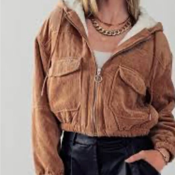 Love Tree Jacket Women Sz Small Cropped Brown Corduroy Sherpa Lining Winter Coat - Picture 4 of 10